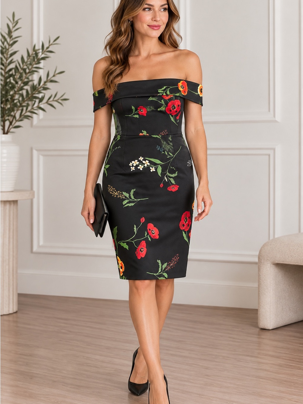 Calvin Klein Black One-Shoulder Floral Sheath Dress